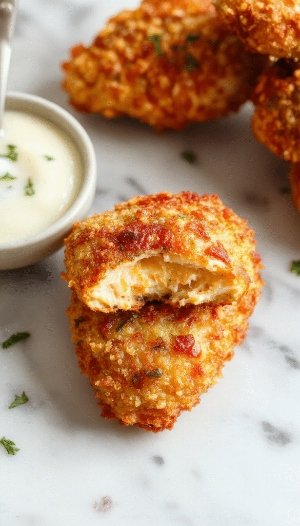 Plated crispy baked chicken tenders arranged neatly on a white ceramic dish, golden brown and crunchy with a textured breading, garnished with fresh parsley, accompanied by a side of dipping sauce, colorful vegetables in the background, styled on a rustic wooden table with natural lighting.