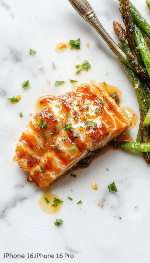 A vibrant plate of crispy glazed salmon topped with a glossy honey garlic sauce, garnished with fresh herbs, served on a rustic wooden table with colorful vegetables in the background