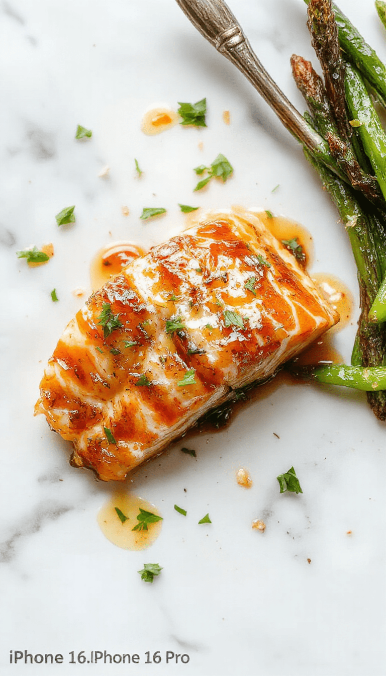 A vibrant plate of crispy glazed salmon topped with a glossy honey garlic sauce, garnished with fresh herbs, served on a rustic wooden table with colorful vegetables in the background