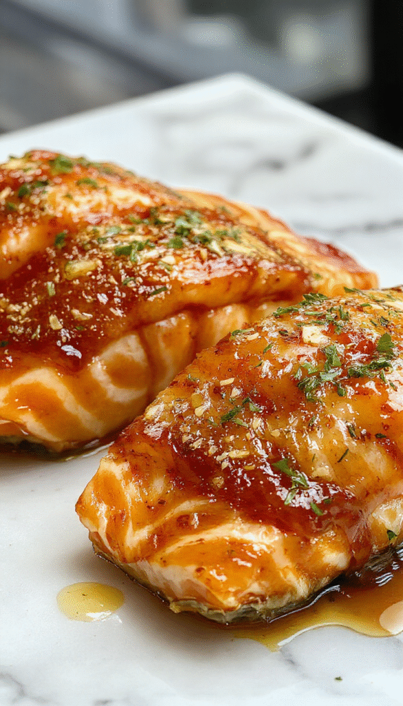 A vibrant plated dish featuring a perfectly cooked salmon fillet glazed with a glossy honey garlic sauce. The salmon has a crispy, caramelized exterior with a tender, flaky interior. Garnished with fresh green herbs and sesame seeds, served on a white ceramic plate with a lemon wedge and colorful vegetable sides, set against a rustic wooden table.