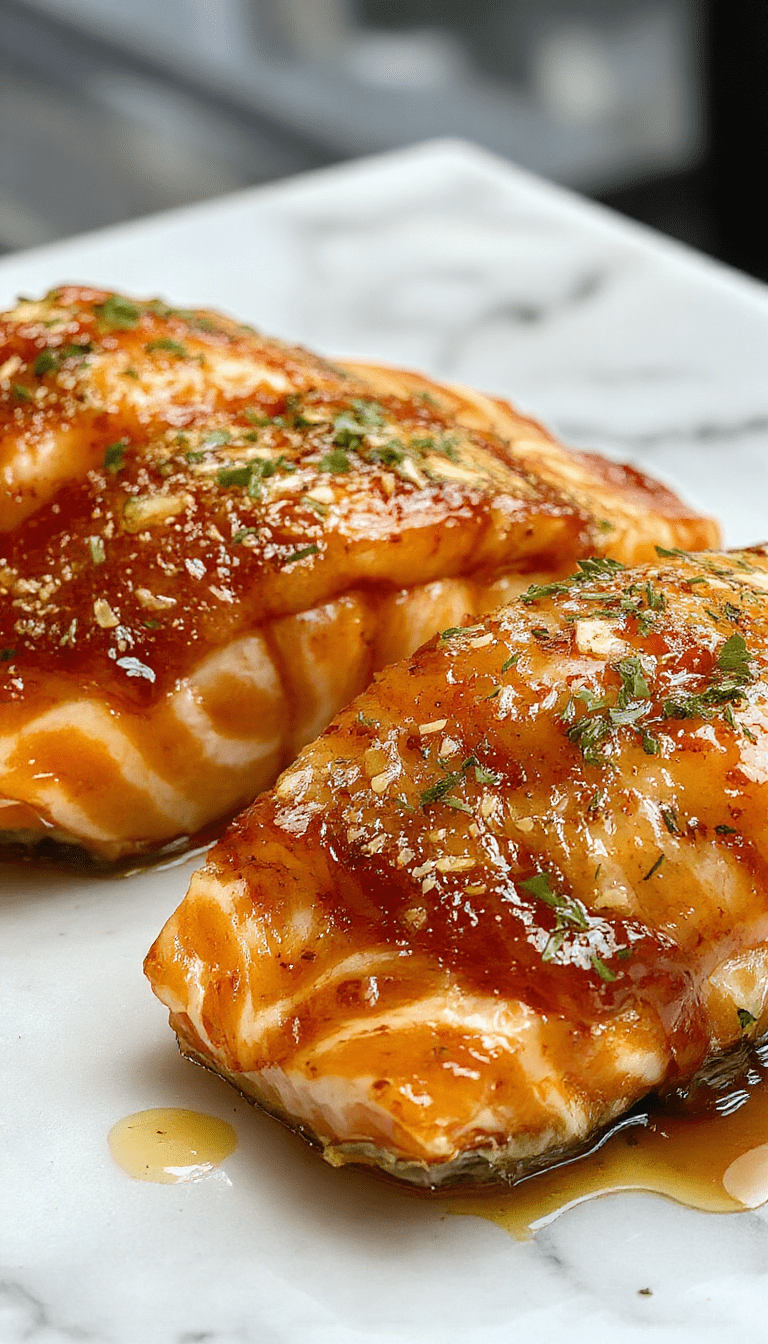 A vibrant plated dish featuring a perfectly cooked salmon fillet glazed with a glossy honey garlic sauce. The salmon has a crispy, caramelized exterior with a tender, flaky interior. Garnished with fresh green herbs and sesame seeds, served on a white ceramic plate with a lemon wedge and colorful vegetable sides, set against a rustic wooden table.