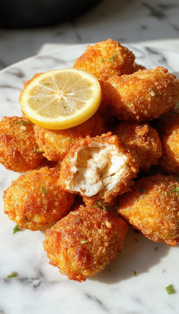 Golden brown crispy lemon chicken bites arranged on a white plate, garnished with fresh lemon slices and chopped parsley. The bites have a textured, crunchy coating with a juicy, tender interior visible through a slight crack. The vibrant yellow lemon slices contrast with the golden chicken, styled on a clean, modern surface with natural lighting highlighting the crispy texture and bright colors.