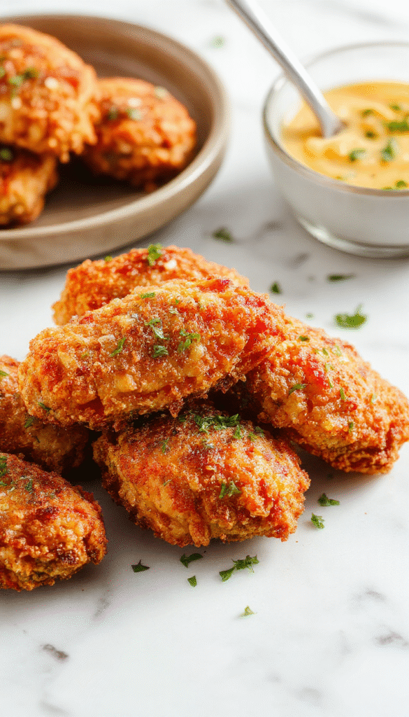 Golden-brown crispy chicken tenders arranged neatly on a white plate, garnished with fresh parsley. The tenders have a crunchy textured coating, served with a side of dipping sauce, on a rustic wooden table with a soft-focus background.