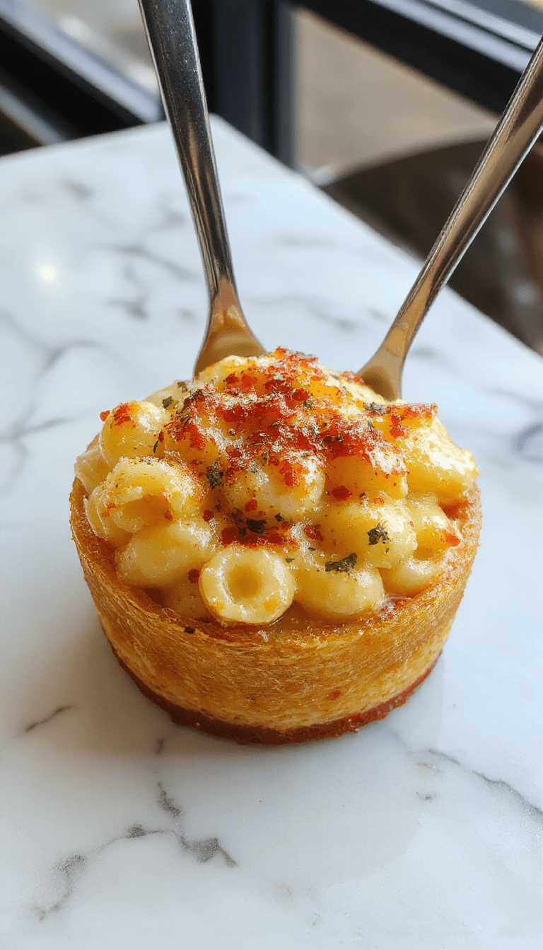 A close-up of a golden-brown baked mac and cheese casserole topped with crispy breadcrumbs, creamy cheese sauce bubbling at the edges, garnished with chopped herbs on a rustic wooden table.