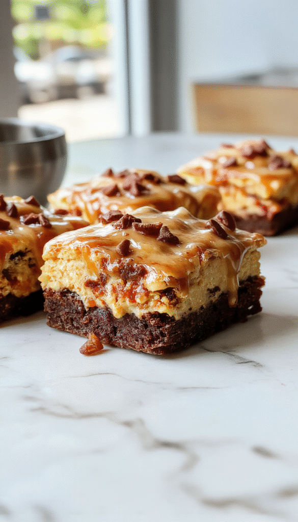 A luscious caramel brownie cheesecake slice on a white plate, topped with drizzles of caramel sauce and a dusting of cocoa powder. The rich, dense brownie base contrasts with the smooth, creamy cheesecake layer, garnished with edible gold flakes for elegance. The background features a rustic wooden table and scattered caramel candies, highlighting the indulgent dessert's textures and colors.