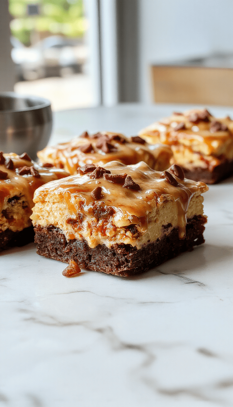 A luscious caramel brownie cheesecake slice on a white plate, topped with drizzles of caramel sauce and a dusting of cocoa powder. The rich, dense brownie base contrasts with the smooth, creamy cheesecake layer, garnished with edible gold flakes for elegance. The background features a rustic wooden table and scattered caramel candies, highlighting the indulgent dessert's textures and colors.