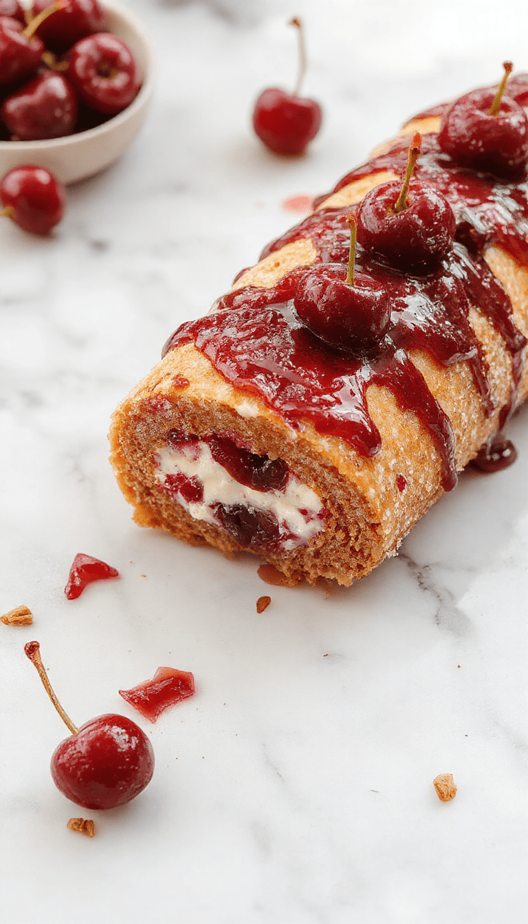 Colorful cherry cheesecake cake roll featuring a golden-brown sponge exterior topped with vibrant red cherries and smooth cream cheese filling, elegantly sliced to reveal the swirled layers inside, styled on a rustic wooden surface with fresh cherries and mint leaves as garnish.