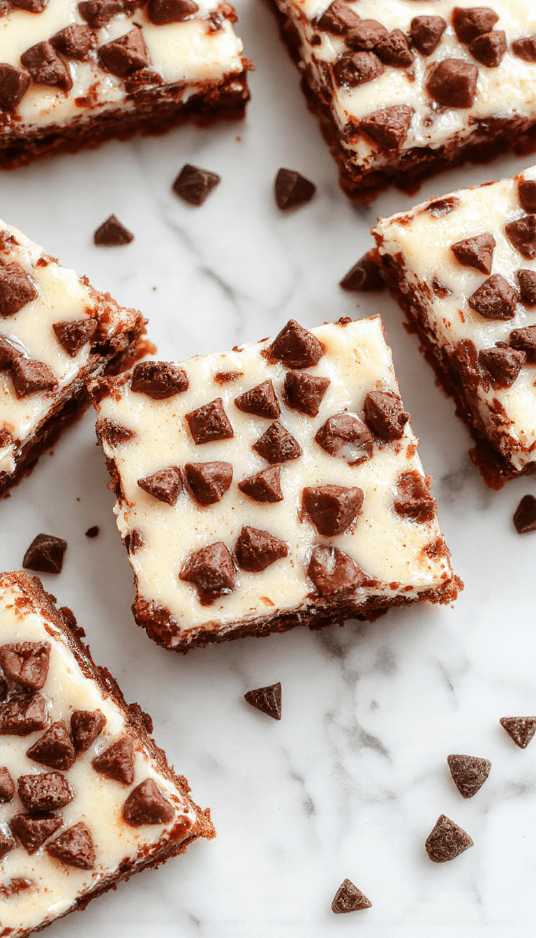 A close-up of square cheesecake bars with a golden-brown crust topped with melted chocolate chips and creamy filling, garnished with chocolate drizzle and sprinkled with chopped nuts, presented on a rustic wooden platter with a fork beside.