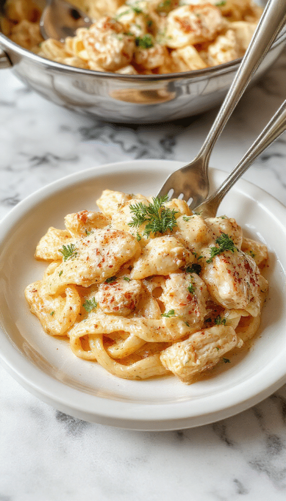 A vibrant plate of creamy Marry Me Chicken Pasta featuring tender chicken pieces coated in a luscious white sauce, garnished with fresh herbs, served on a elegant white plate with a sprinkle of Parmesan cheese, set against a rustic wooden table with a side of garlic bread and fresh cherry tomatoes.