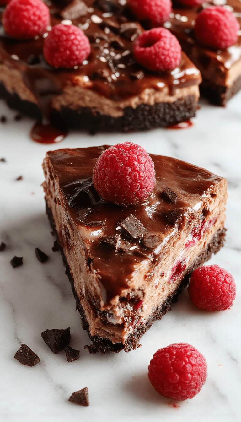A luscious slice of dark chocolate raspberry cheesecake on a white plate, garnished with fresh raspberries and a drizzle of chocolate sauce, set against a rustic wooden background with a fork beside. The textured crumb crust contrasts with the smooth, creamy filling and glossy chocolate topping, with vibrant red raspberries enhancing the rich, decadent presentation.