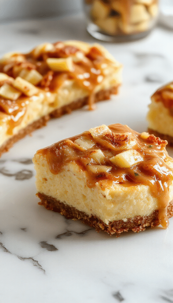 A close-up of a creamy, layered cheesecake topped with golden butterscotch sauce and crunchy caramelized bits, presented on a rustic white plate with a pastel background, featuring a slice cut out to show the smooth interior and glossy topping.