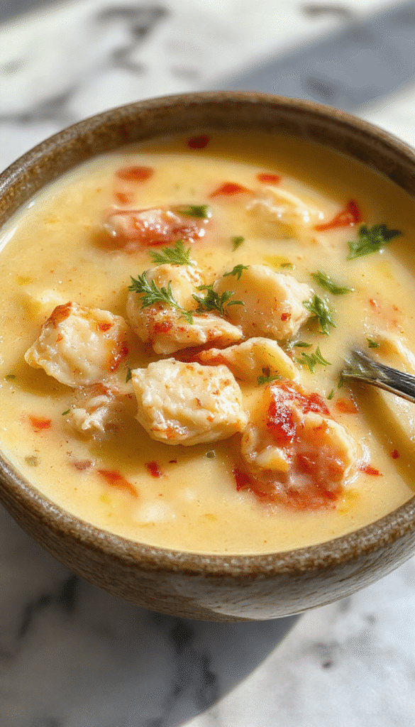 A vibrant bowl of rich, creamy marry me chicken soup with tender chicken pieces, swirling creamy broth, garnished with fresh herbs, served in a rustic bowl on a wooden table with a spoon, showcasing a velvety texture and inviting aroma.
