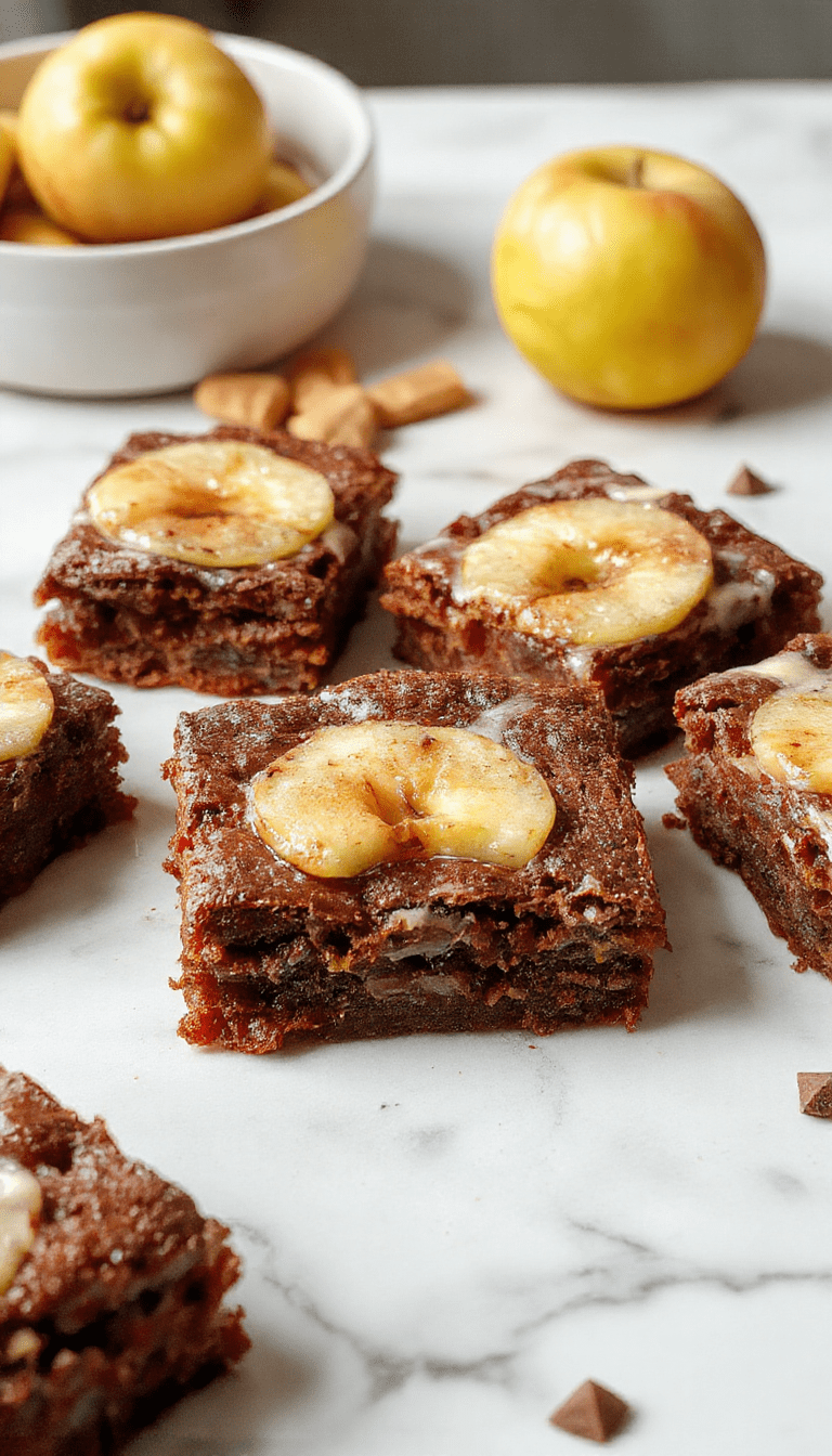 A close-up of a freshly baked apple brownies showcasing a golden-brown crust topped with cinnamon-spiced apple chunks. The brownies are cut into squares revealing a moist, fudgy interior with caramelized apple bits. The presentation is rustic with a sprinkle of powdered sugar and a drizzle of caramel sauce, styled on a wooden board with autumn leaves in the background.