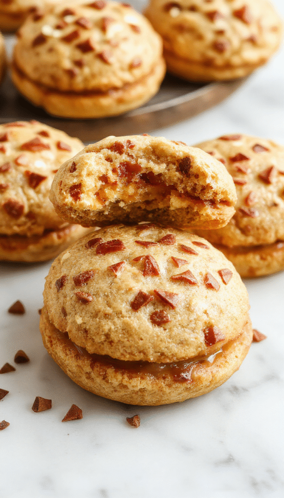 A close-up shot of golden-brown apple cider whoopie pies with a creamy filling, arranged on a rustic wooden platter with cinnamon sticks and apple slices in the background, showcasing their fluffy texture and inviting golden color