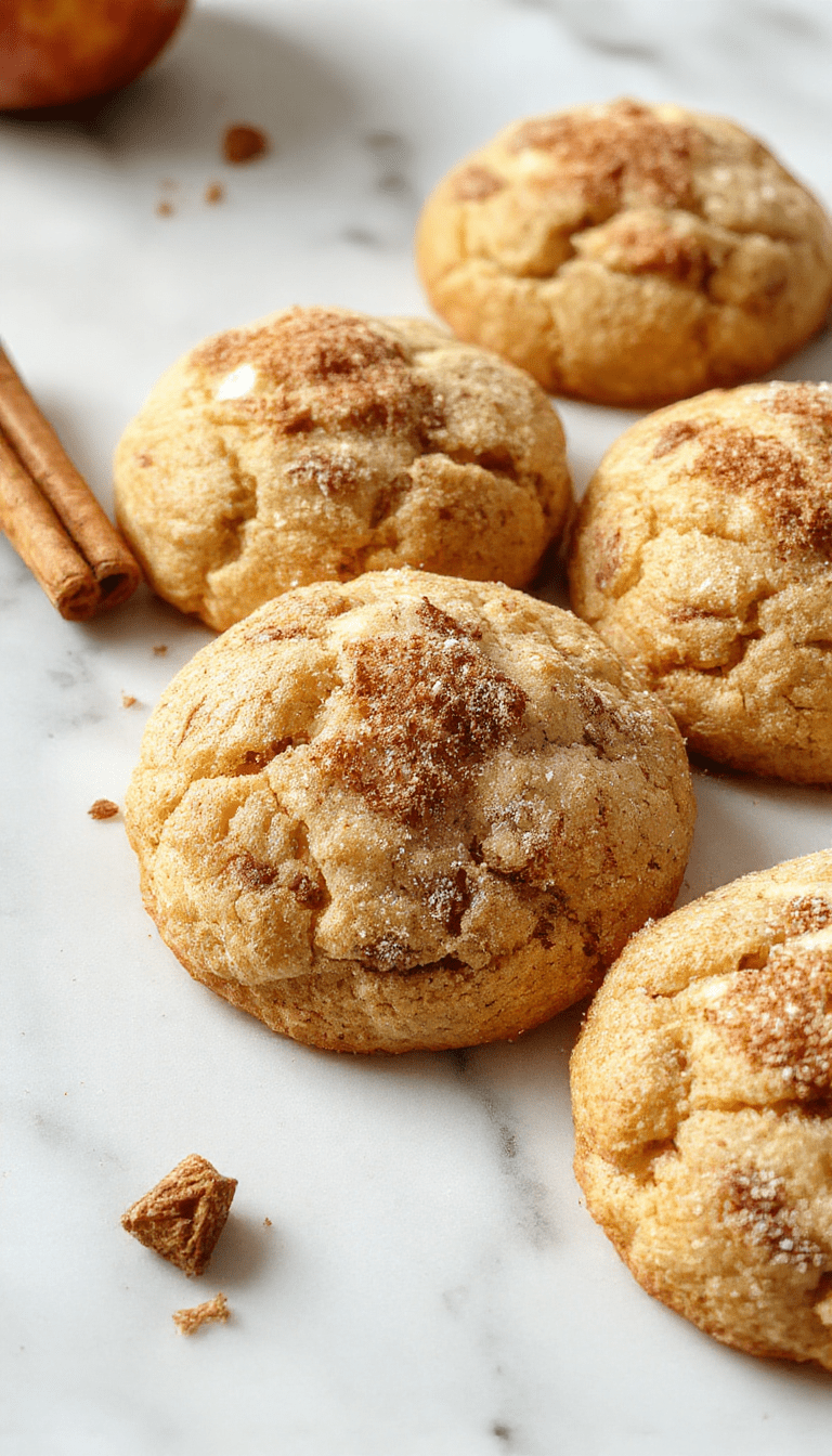 A close-up of golden-brown cinnamon apple snickerdoodle cookies arranged on a rustic wooden surface, dusted with cinnamon sugar, featuring a cracked, crunchy exterior and a soft, chewy interior with visible apple pieces.