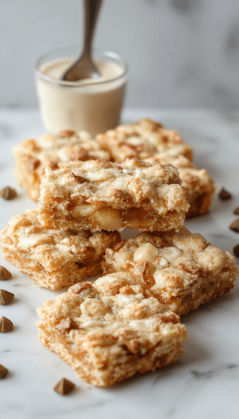 A vibrant, close-up shot of golden apple crisp shortbread bars arranged on a white plate, topped with a dusting of powdered sugar and fresh apple slices. The bars have a crumbly, buttery texture with hints of cinnamon and caramelized apple filling visible inside, styled with a rustic cloth and fall-themed decor in soft warm lighting.