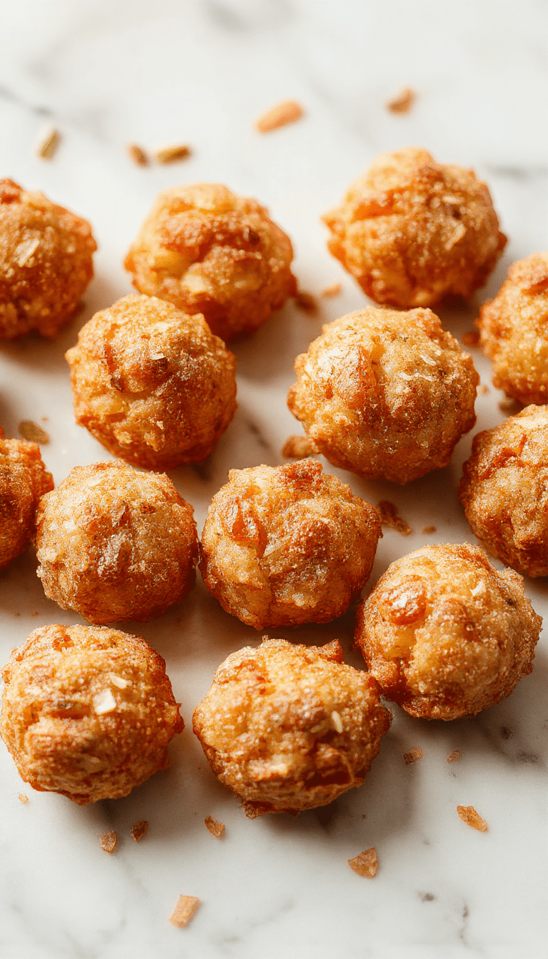 Colorful close-up of golden-brown apple fritter bites arranged on a white plate, drizzled with caramel sauce, garnished with powdered sugar and fresh apple slices, with a rustic wooden background and a sprinkle of cinnamon.