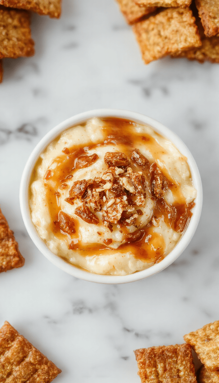 A close-up of a creamy apple toffee dip in a glass bowl, topped with crunchy toffee bits and sliced fresh apples arranged around it, vibrant and inviting colors with a glossy caramel coating, styled on a rustic wooden tray with a spoon ready for serving.