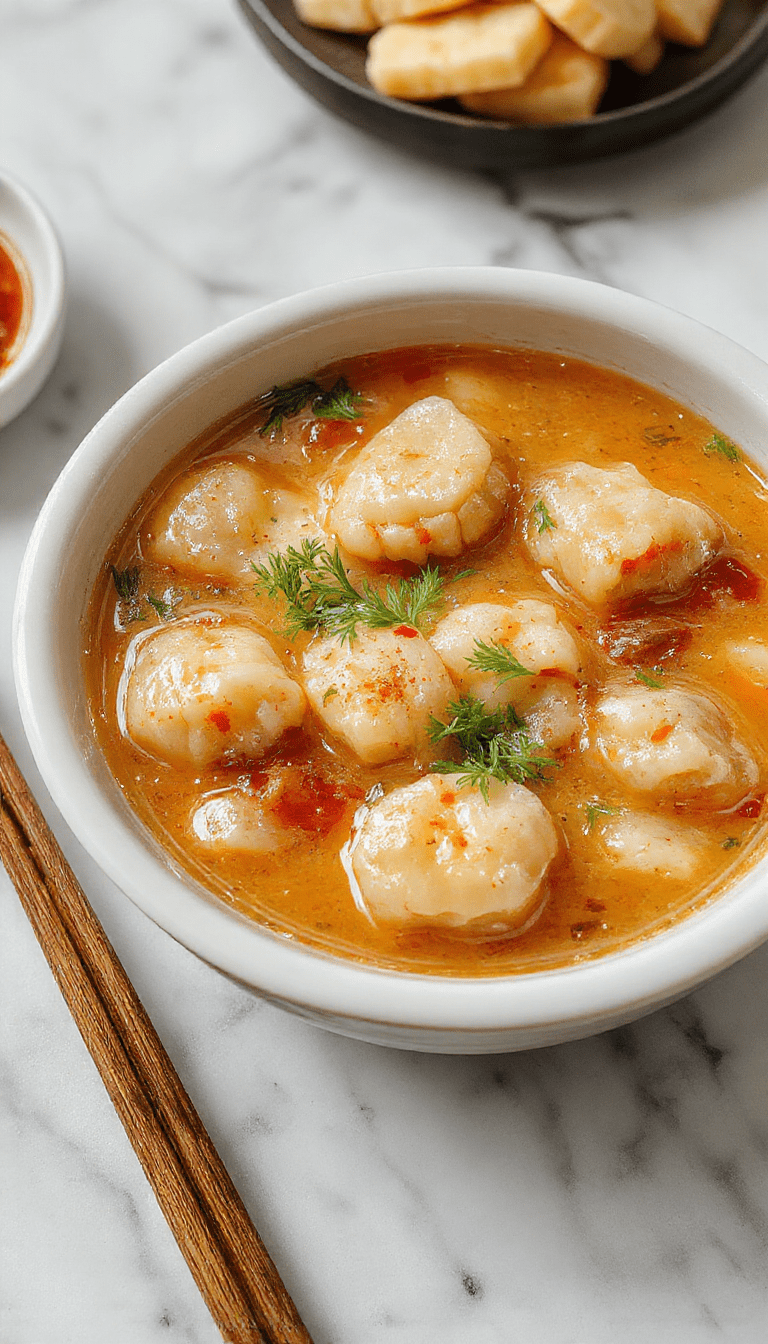 A steaming bowl of Asian dumpling potsticker soup with golden-brown crispy potstickers floating in a fragrant clear broth garnished with chopped scallions and sesame seeds, served on a rustic wooden table with a background of Asian-inspired tableware and fresh ingredients.