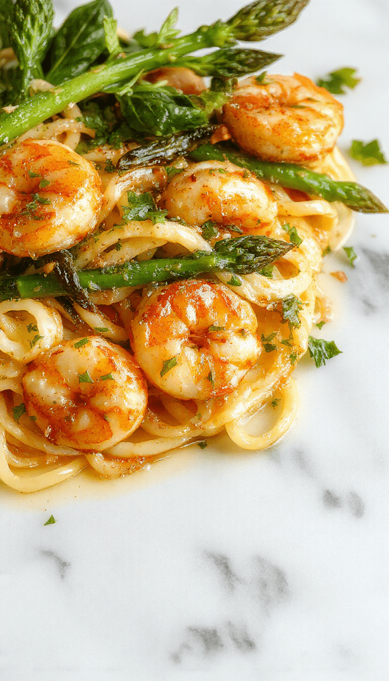 A vibrant plate featuring tender asparagus spears and succulent shrimp on a bed of delicate angel hair pasta, garnished with fresh herbs and lemon wedges, with a glossy finish highlighting the dish's freshness and inviting presentation