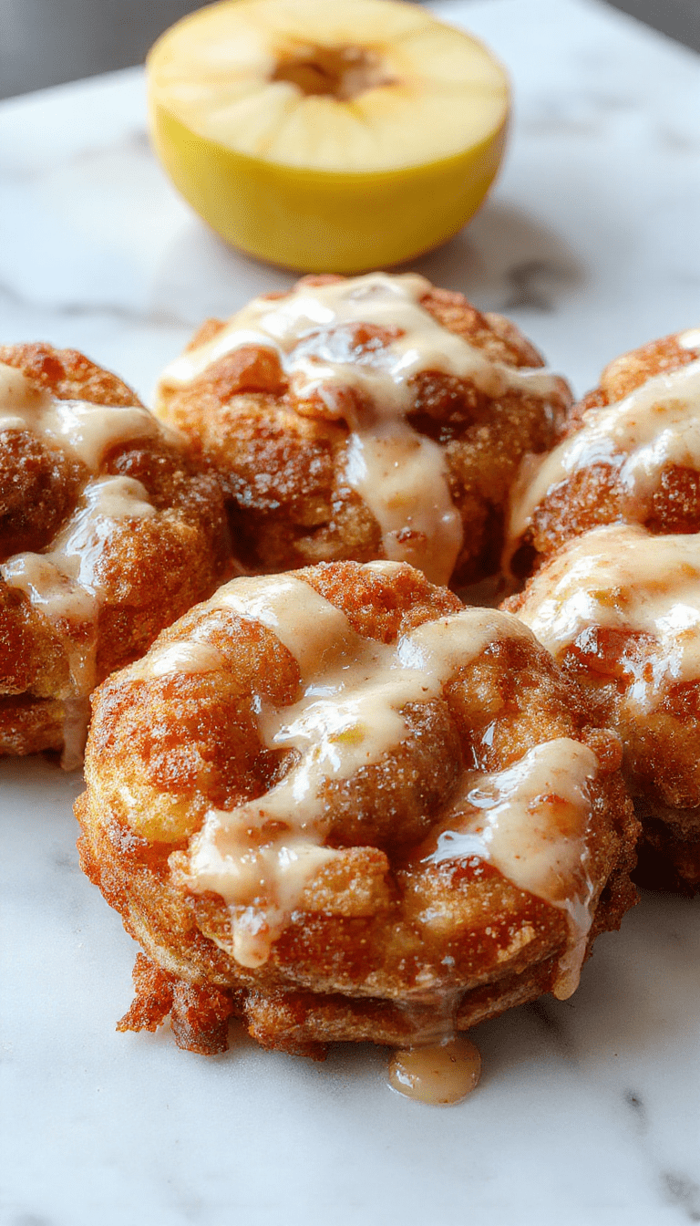 Golden-brown apple fritters topped with a shiny sweet glaze, arranged on a rustic plate with powdered sugar dusted around. The fritters showcase a crispy exterior and tender apple filling inside, with some glaze dripping over the edges, capturing a warm, inviting dessert scene.
