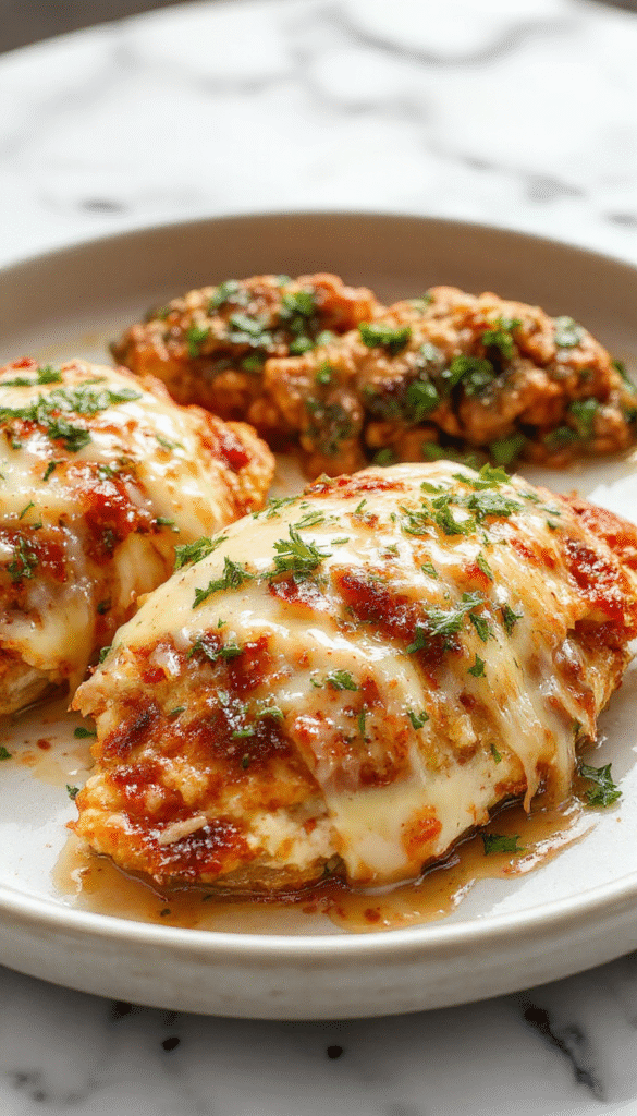 A crispy golden-brown baked chicken parmesan plated beautifully with melted mozzarella cheese on top, garnished with fresh basil leaves, surrounded by a rich marinara sauce, with a side of spaghetti and a sprinkle of grated Parmesan, vibrant and appetizing presentation.