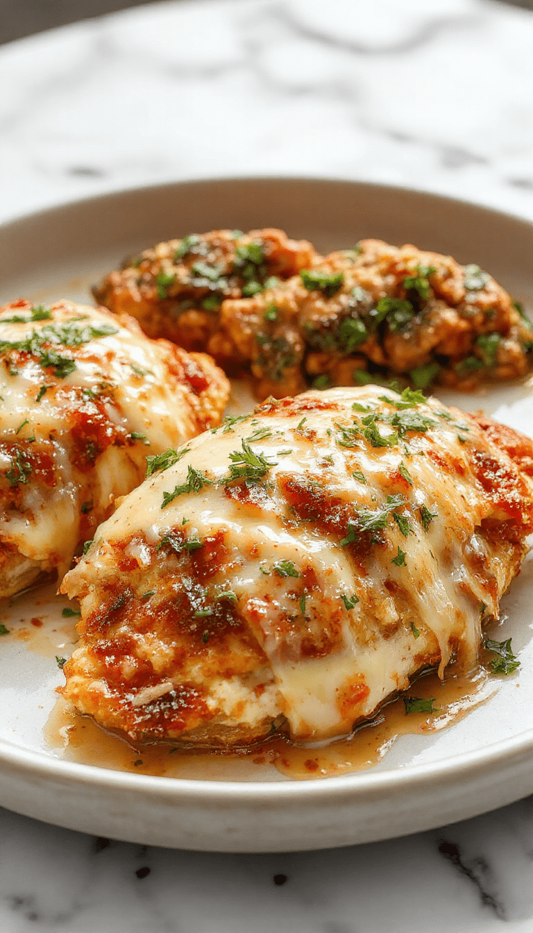 A crispy golden-brown baked chicken parmesan plated beautifully with melted mozzarella cheese on top, garnished with fresh basil leaves, surrounded by a rich marinara sauce, with a side of spaghetti and a sprinkle of grated Parmesan, vibrant and appetizing presentation.