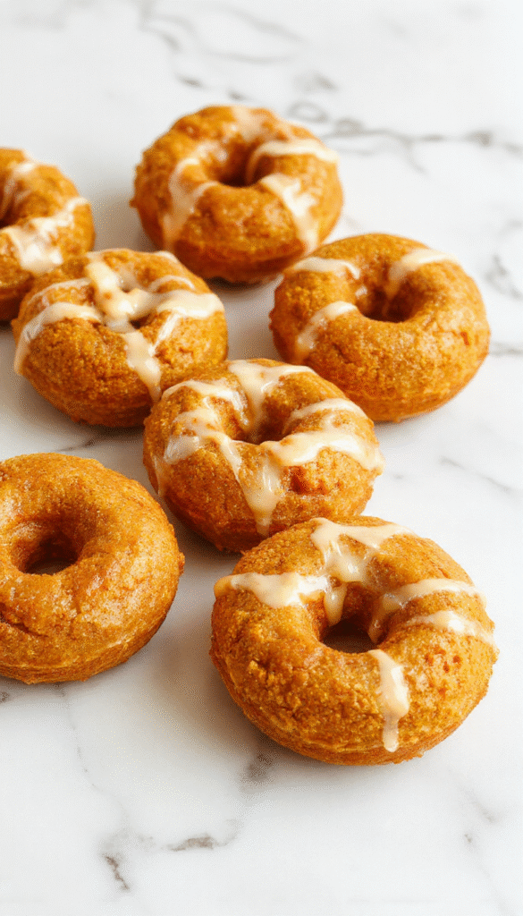 A plate of golden-brown baked pumpkin donuts glazed with a light caramel drizzle, garnished with fresh cinnamon and nutmeg, displayed on a rustic wooden table with festive autumn decorations in the background.