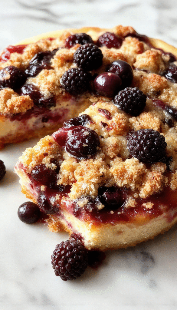 A vibrant cheesecake topped with fresh blueberries and a golden crumble crust, elegantly plated on a rustic wooden surface, with blueberries scattered around for a colorful and appetizing presentation.