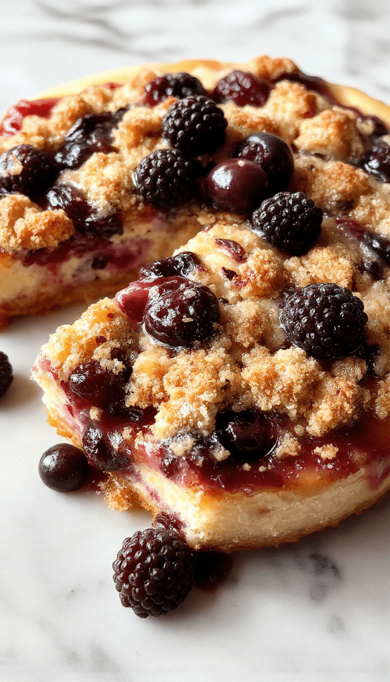 A vibrant cheesecake topped with fresh blueberries and a golden crumble crust, elegantly plated on a rustic wooden surface, with blueberries scattered around for a colorful and appetizing presentation.