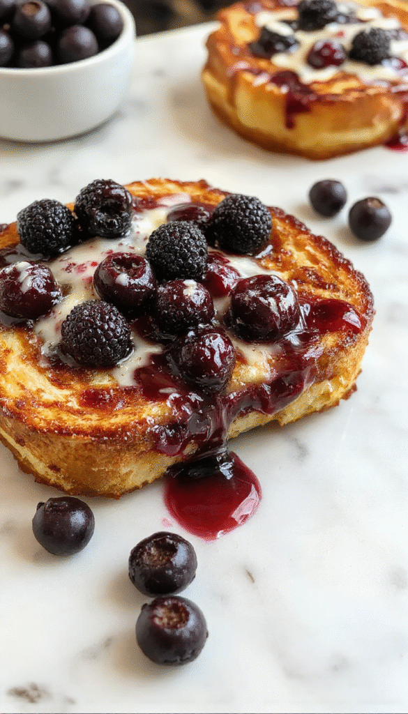 A vibrant image of a golden-brown blueberry French toast casserole topped with fresh blueberries and a dusting of powdered sugar. The casserole is served in a white baking dish, with a slice cut out revealing its fluffy, moist interior. The bright blueberries add pops of color, and the scene is styled with a rustic wooden table and a drizzle of syrup for an inviting breakfast presentation.
