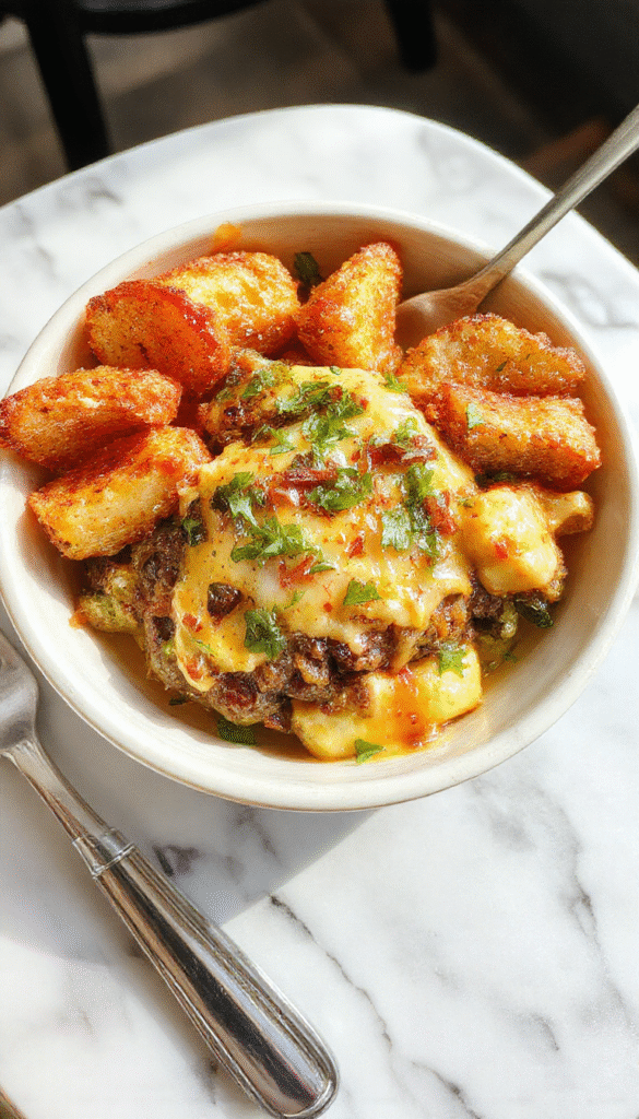 Colorful burger bowls arranged on a rustic wooden table featuring vibrant ingredients like seasoned ground beef, fresh lettuce, cherry tomatoes, shredded cheese, and dollops of sauce, all neatly layered in individual bowls with a rustic presentation and natural light highlighting the textures and colors.