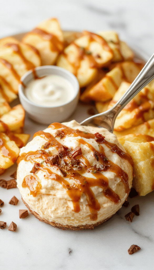 A creamy caramel apple cheesecake dip in a clear glass bowl, topped with caramel drizzle, sliced apples, and crushed cookies, surrounded by pieces of apple and cookies on a pastel-colored plate