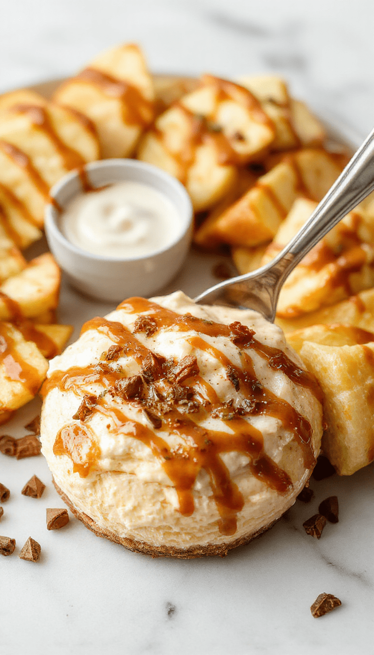 A creamy caramel apple cheesecake dip in a clear glass bowl, topped with caramel drizzle, sliced apples, and crushed cookies, surrounded by pieces of apple and cookies on a pastel-colored plate