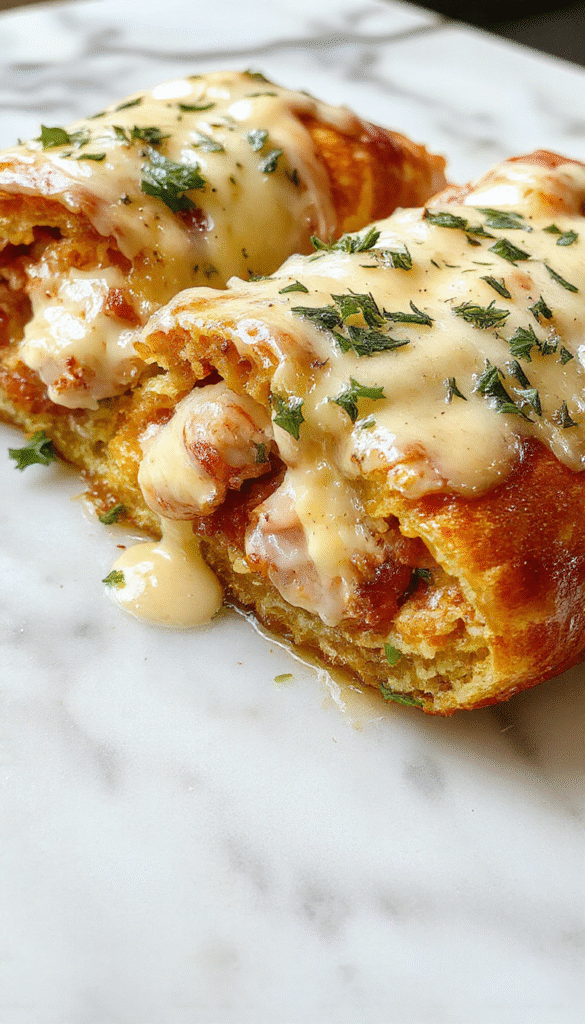 A golden-brown stromboli filled with sliced chicken, melted cheese, and ham, sliced to reveal the flaky interior and gooey cheese, garnished with fresh herbs on a rustic wooden board