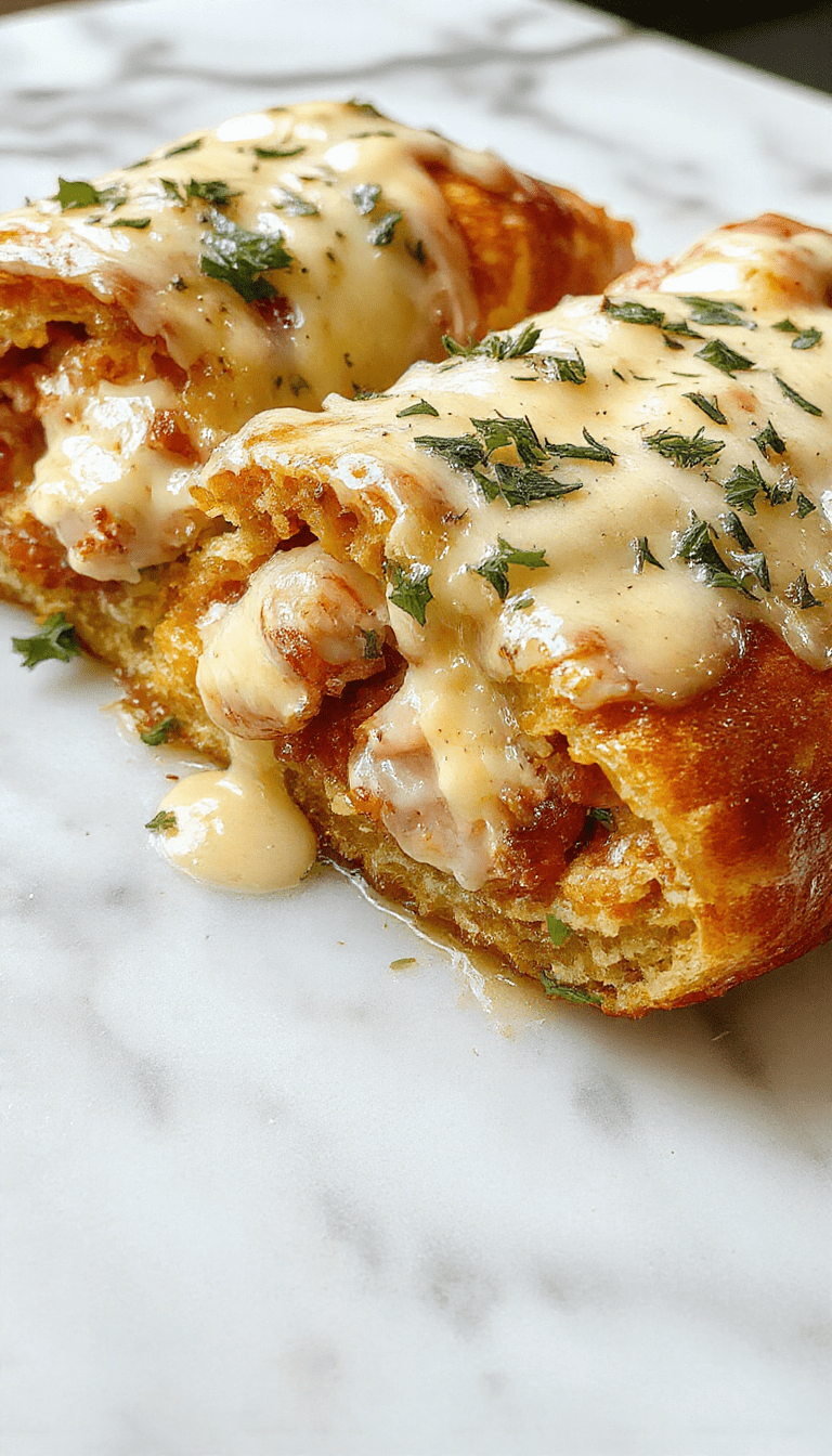 A golden-brown stromboli filled with sliced chicken, melted cheese, and ham, sliced to reveal the flaky interior and gooey cheese, garnished with fresh herbs on a rustic wooden board