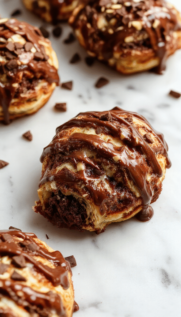 A golden-brown chocolate croissant breakfast bake served in a rectangular dish, topped with powdered sugar and drizzled with chocolate sauce, with a side of fresh berries and mint leaves, styled on a rustic wooden table with a cozy breakfast setting