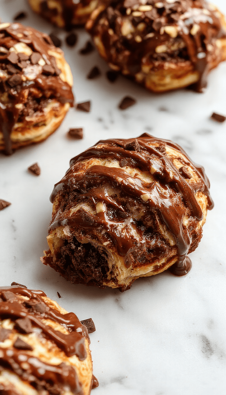 A golden-brown chocolate croissant breakfast bake served in a rectangular dish, topped with powdered sugar and drizzled with chocolate sauce, with a side of fresh berries and mint leaves, styled on a rustic wooden table with a cozy breakfast setting