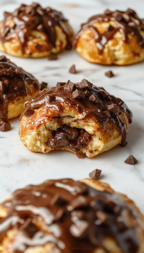 A warm, golden-brown breakfast bake served in a round dish, featuring flaky croissants soaked in chocolate filling, topped with powdered sugar and drizzled with chocolate sauce, with slices revealing the gooey interior and melted chocolate chunks, styled on a rustic plate with fresh berries and mint garnish.