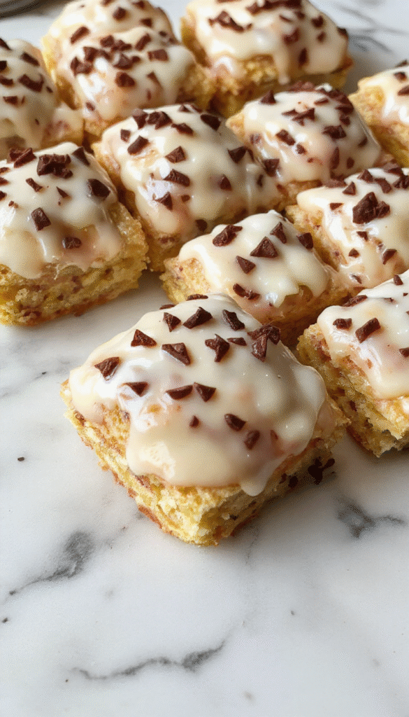 Colorful and inviting dessert image featuring golden-brown cannoli squares filled with creamy ricotta mixture, topped with powdered sugar and chocolate chips, arranged elegantly on a rustic white plate with a backdrop of fresh ingredients and a wooden table surface.