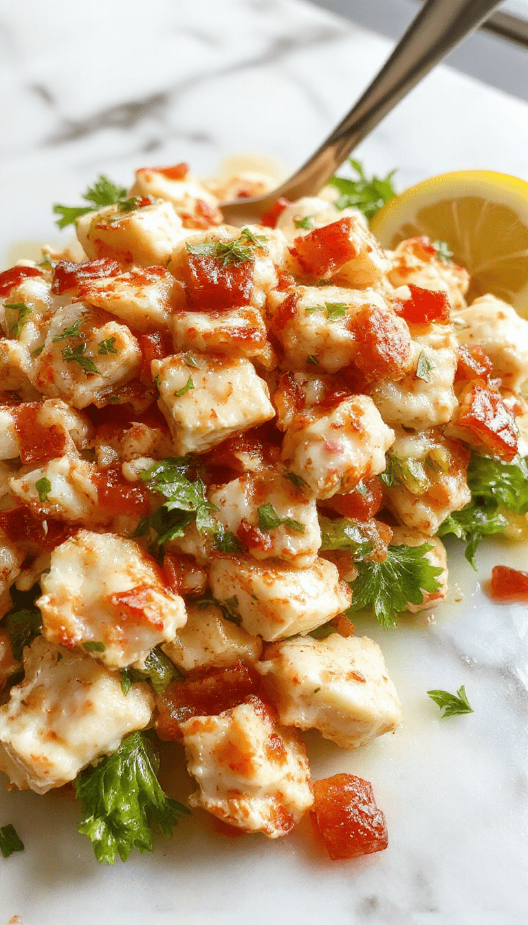 A vibrant crab salad served in a clear glass bowl, garnished with fresh herbs, cherry tomatoes, and sliced cucumbers, showcasing a colorful and textured presentation.