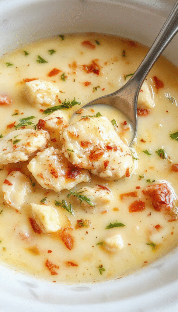 A steaming bowl of hearty chicken parmesan soup with melted cheese, fresh basil garnish, and shredded chicken served in a rustic white bowl on a wooden table, vibrant red tomato sauce visible inside, with toasted bread on the side and fresh herbs scattered around.