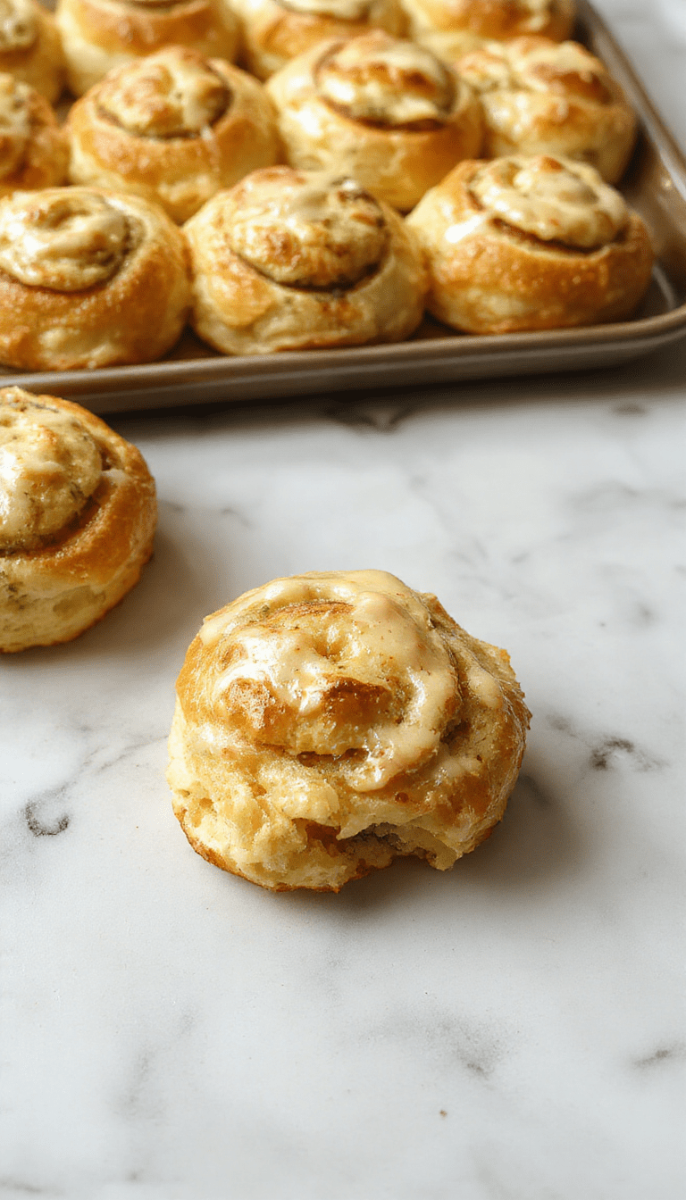 A plate of golden-brown fluffy breakfast rolls arranged neatly on a rustic wooden table, with a soft butter spread and fresh herbs on top, steam rising from the warm rolls, styled with a light dusting of powdered sugar and vibrant green herbs for a fresh look.