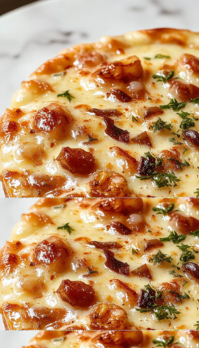 A golden-brown pizza slice topped with caramelized golden onions, melted cheese, and fresh herbs on a rustic wooden surface, with a bowl of onion soup in the background