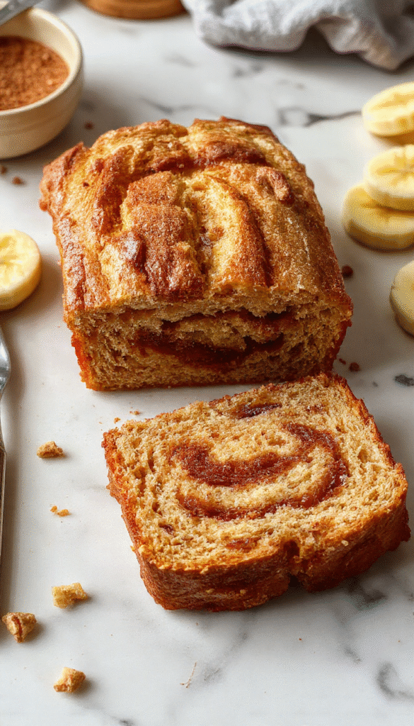 A golden-brown banana bread loaf with a cinnamon swirl visible on top, sliced to reveal moist interior with banana chunks, garnished with a cinnamon stick and banana slices, styled on a rustic wooden surface with a napkin and a cup of coffee in the background.