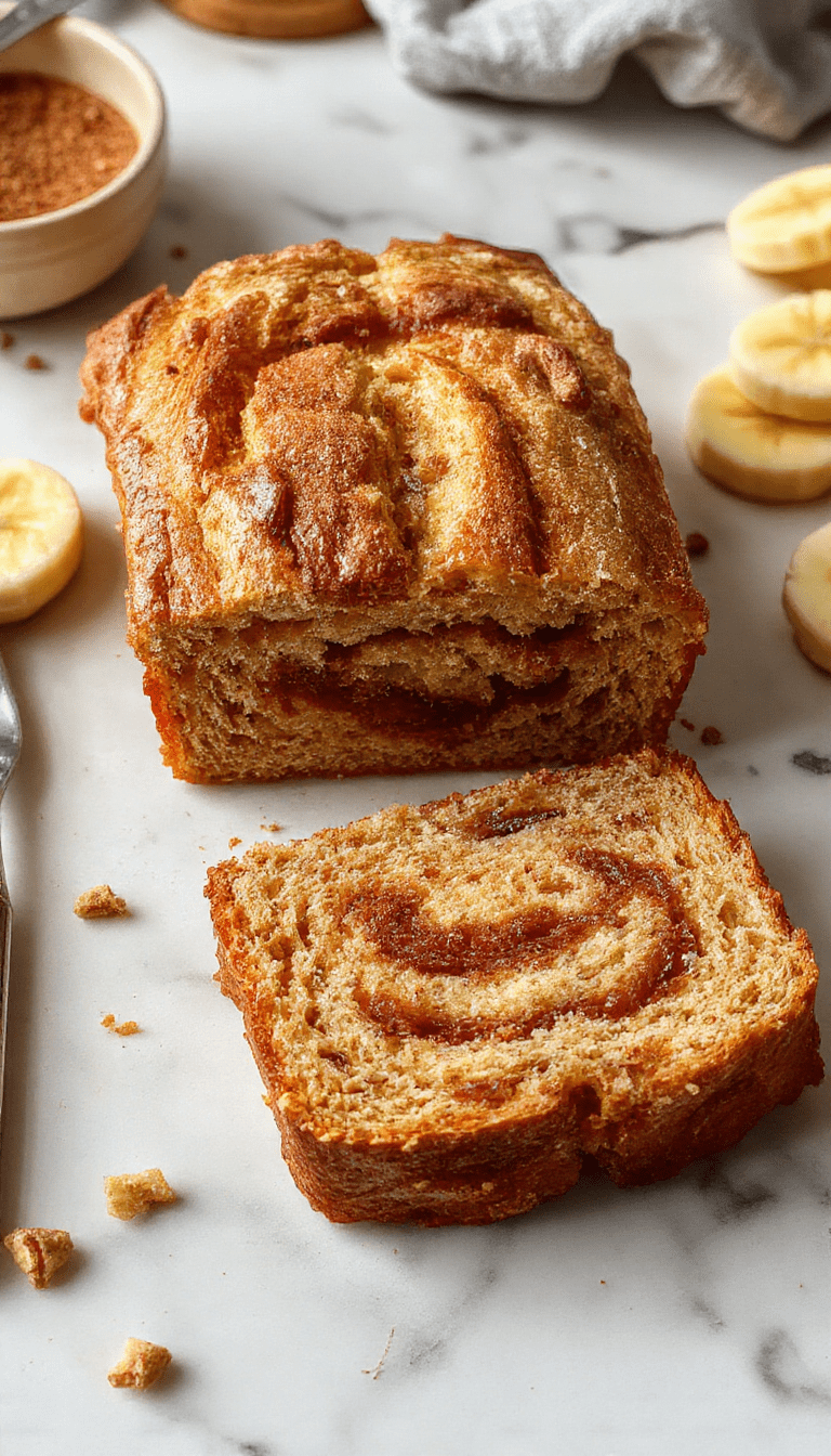 A golden-brown banana bread loaf with a cinnamon swirl visible on top, sliced to reveal moist interior with banana chunks, garnished with a cinnamon stick and banana slices, styled on a rustic wooden surface with a napkin and a cup of coffee in the background.