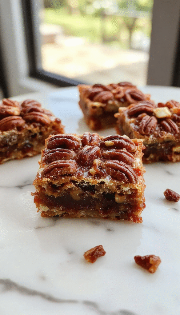 Colorful pecan pie bars arranged on a white plate showcasing golden-brown crust topped with glossy caramelized pecans, garnished with a sprinkle of powdered sugar and a dollop of whipped cream, with a rustic wooden background and a few pecan halves nearby.