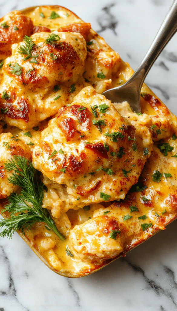 A vibrant, colorful plate featuring a baked chicken casserole with golden brown cheese topping, garnished with fresh herbs, served alongside crisp green vegetables in a rustic white dish