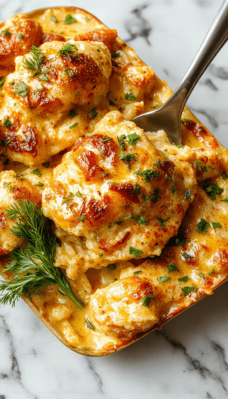 A vibrant, colorful plate featuring a baked chicken casserole with golden brown cheese topping, garnished with fresh herbs, served alongside crisp green vegetables in a rustic white dish