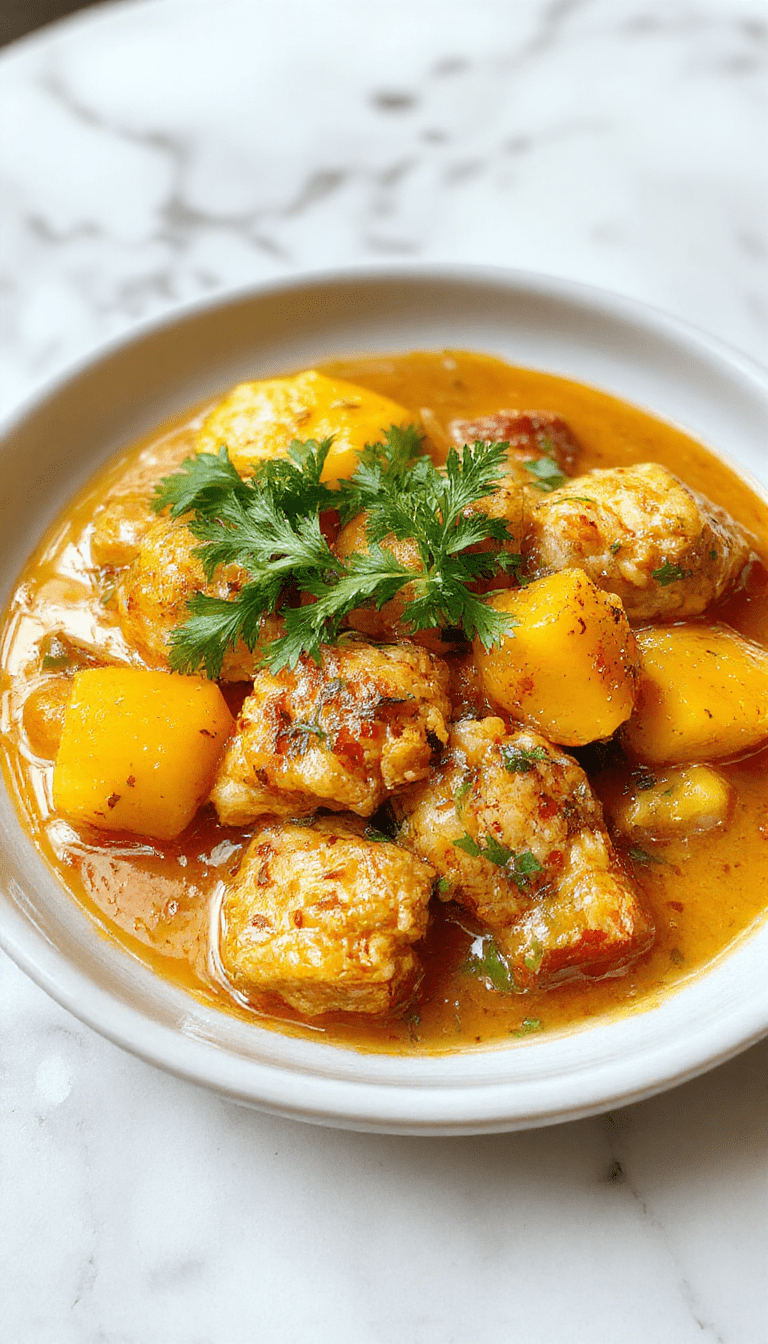 A vibrant plate of mango chicken curry featuring tender chicken pieces coated in a bright orange sauce with chunks of ripe mango, garnished with fresh cilantro, served on a white ceramic plate with a side of steamed rice, inviting and colorful presentation highlighting the rich textures and tropical flavors.